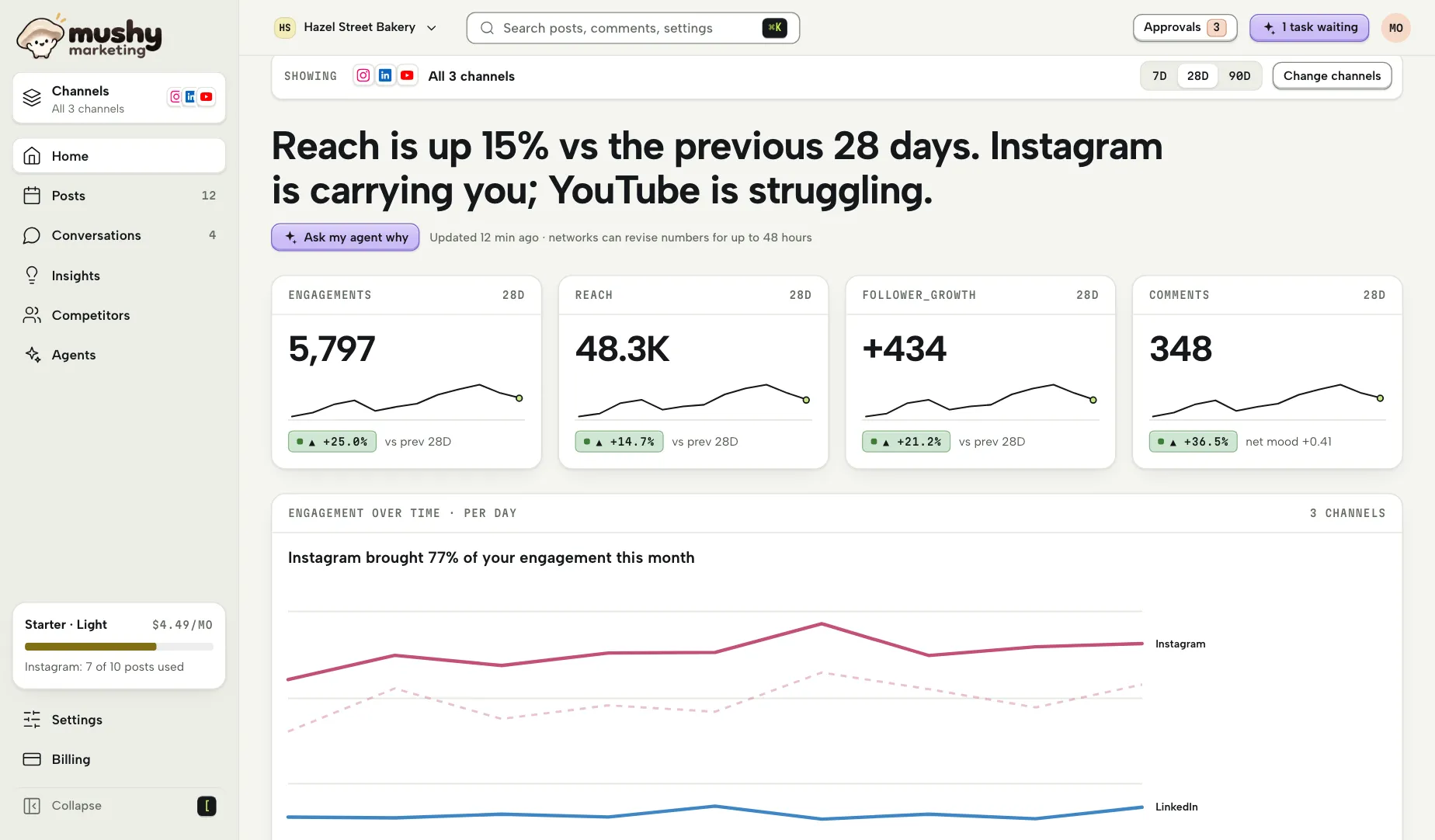 Mushy Home: a one-sentence answer saying reach is up 15% and which channel is carrying the brand, four metric tiles for engagements, reach, follower growth and comments, and an engagement-over-time chart for each channel.