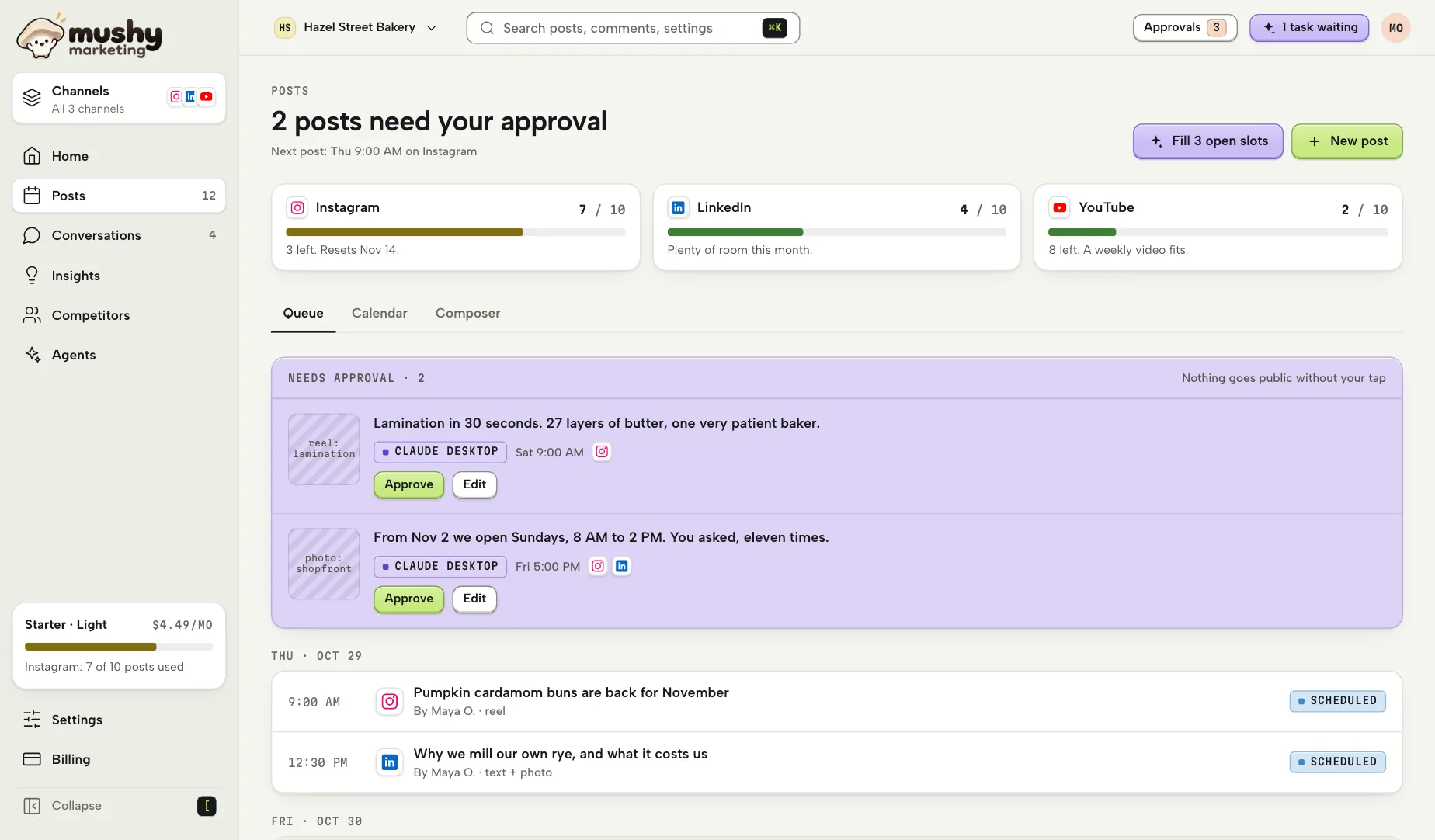 Mushy Posts: each channel's posts left this month, two agent drafts waiting in Needs approval with Approve and Edit buttons, and the scheduled queue by day.