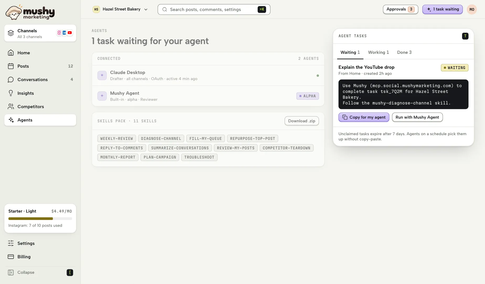 Mushy Agents: the connected agents with their roles, the downloadable skills pack, and an agent task waiting with its hand-off snippet and a Copy for my agent button.